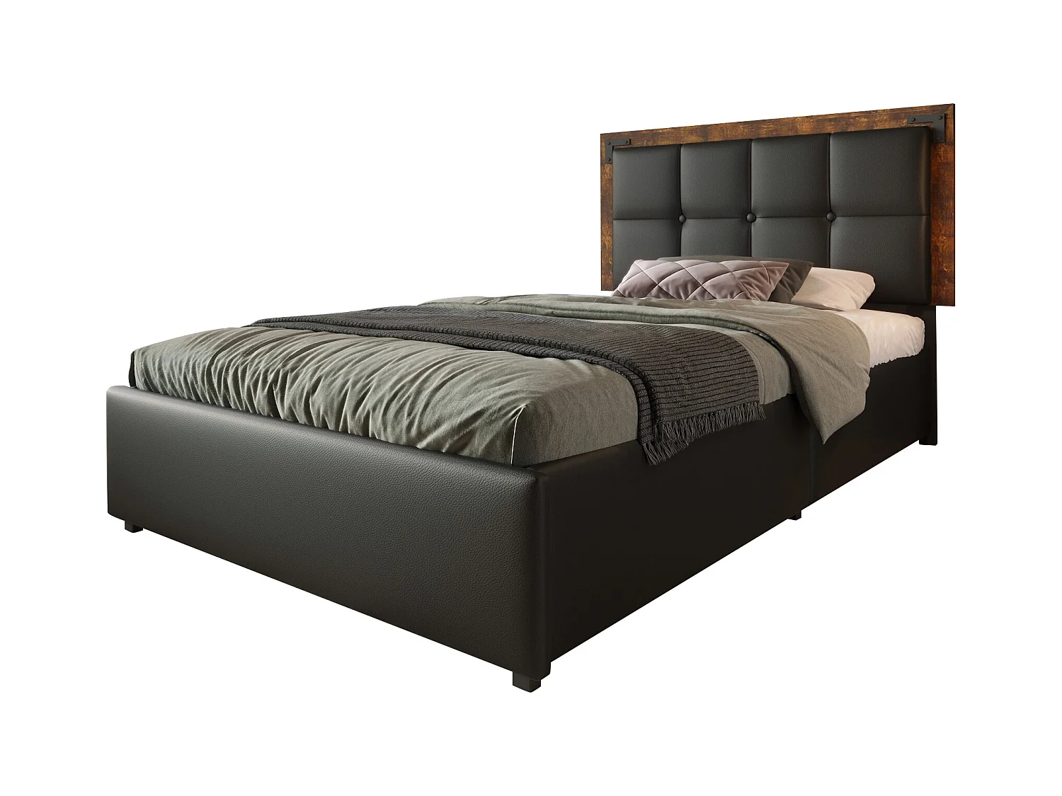 Łóżko młodzieżowe 90x200 cm, czarne PU, z regulowanym zagłówkiem i 4 szufladami, oświetlenie LED, bez materaca