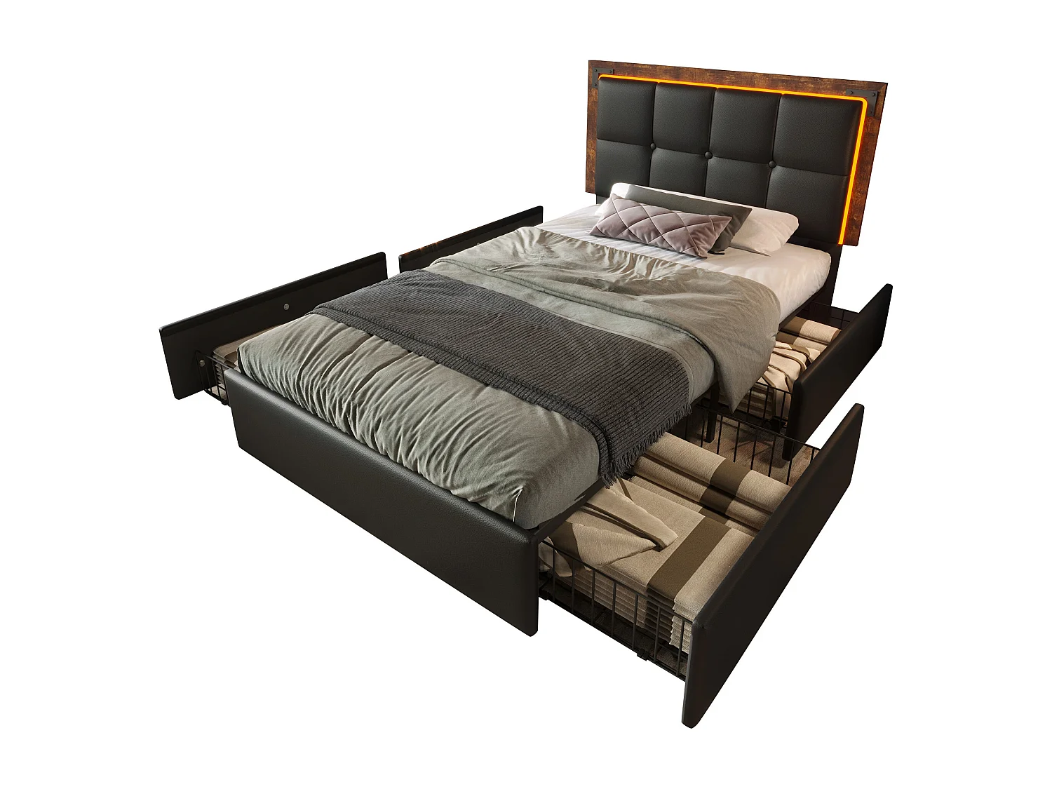 Jugendbett 90 x 200 cm, schwarzes PU-Leder, mit verstellbarem Kopfteil und 4 Schubladen, LED-Beleuchtung, ohne Matratze