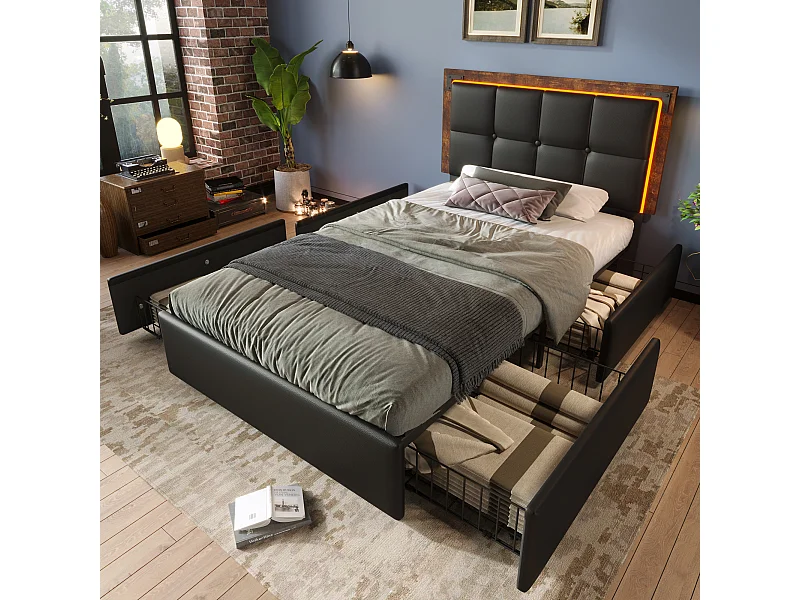 Lit avec tiroirs 90x200 cm, PU noir, Lit ado avec tête de lit réglable et 4 tiroirs, éclairage LED, sans matelas