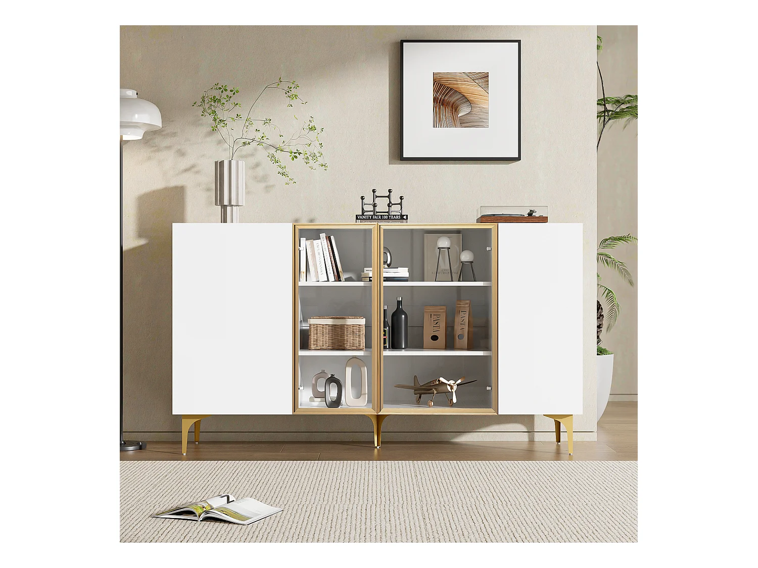 Buffet blanc 4 portes, design moderne sans poignée, verre trempé et cadre en métal, pour salon ou salle à manger