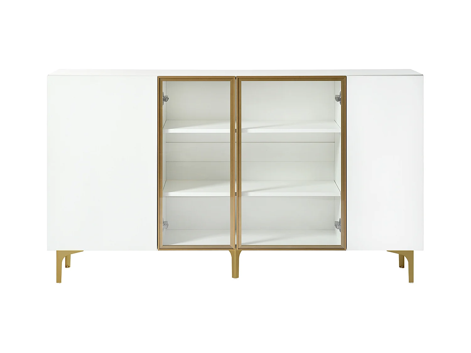 Buffet blanc 4 portes, design moderne sans poignée, verre trempé et cadre en métal, pour salon ou salle à manger