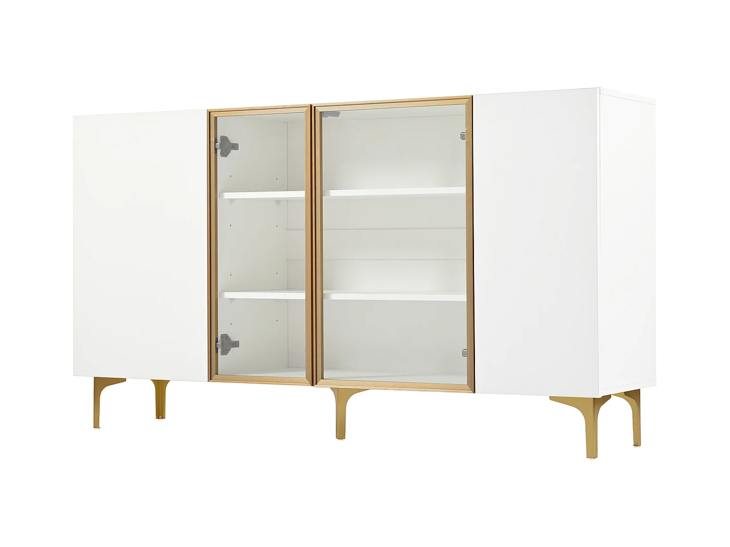 Buffet blanc 4 portes, design moderne sans poignée, verre trempé et cadre en métal, pour salon ou salle à manger