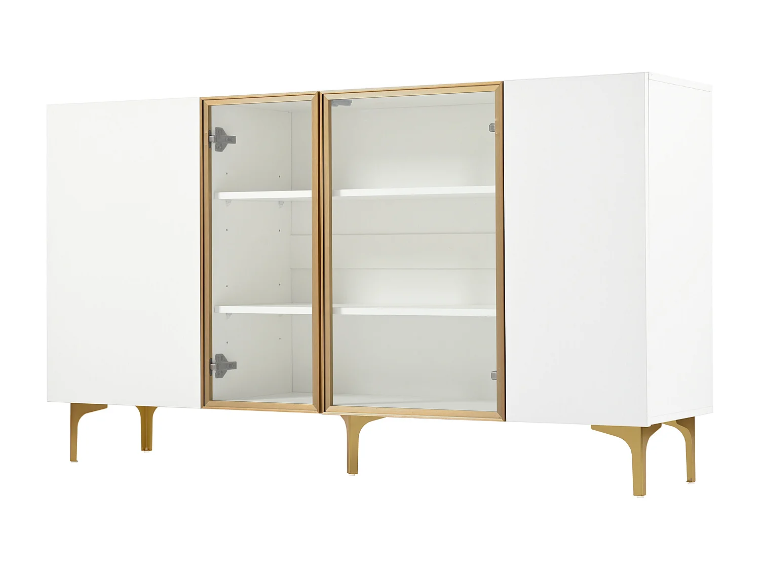Buffet blanc 4 portes, design moderne sans poignée, verre trempé et cadre en métal, pour salon ou salle à manger