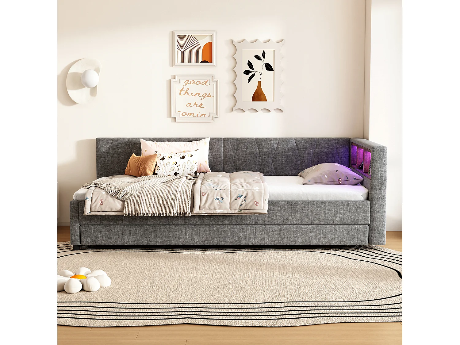 Lit gigogne 90x200 cm, tissu lin gris, Lit banquette avec ports USB et LED, sans matelas