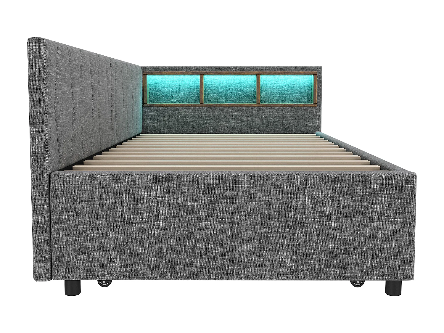 Lit gigogne 90x200 cm, tissu lin gris, Lit banquette avec ports USB et LED, sans matelas
