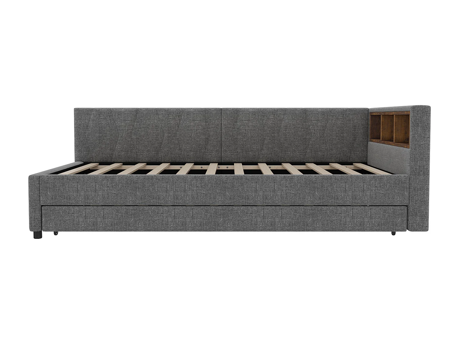 Lit gigogne 90x200 cm, tissu lin gris, Lit banquette avec ports USB et LED, sans matelas