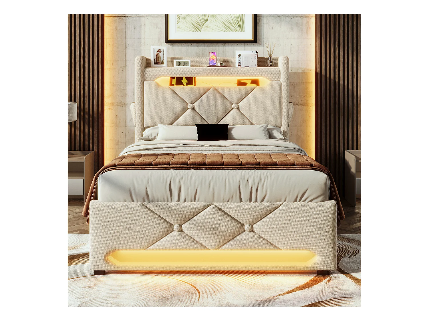 Lit avec rangement 90x200 cm, Lin beige,  Lit simple avec chargement USB et éclairage LED, sans matelas