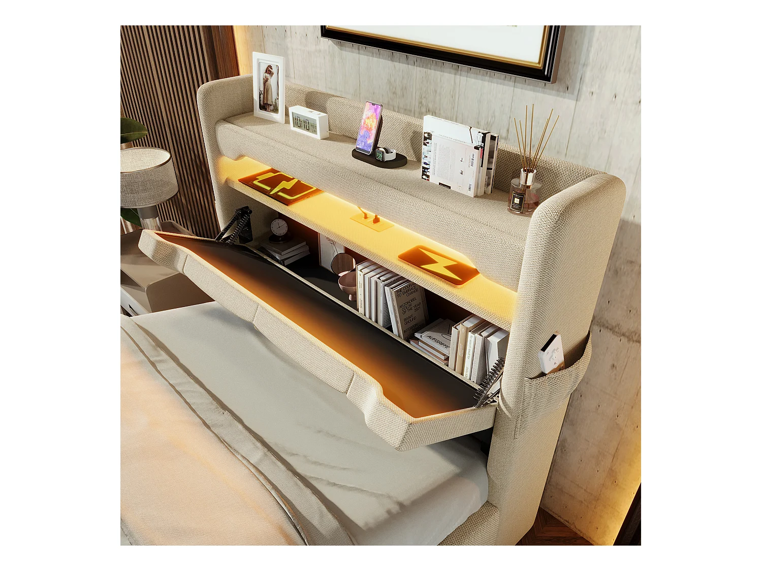 Lit avec rangement 90x200 cm, Lin beige,  Lit simple avec chargement USB et éclairage LED, sans matelas