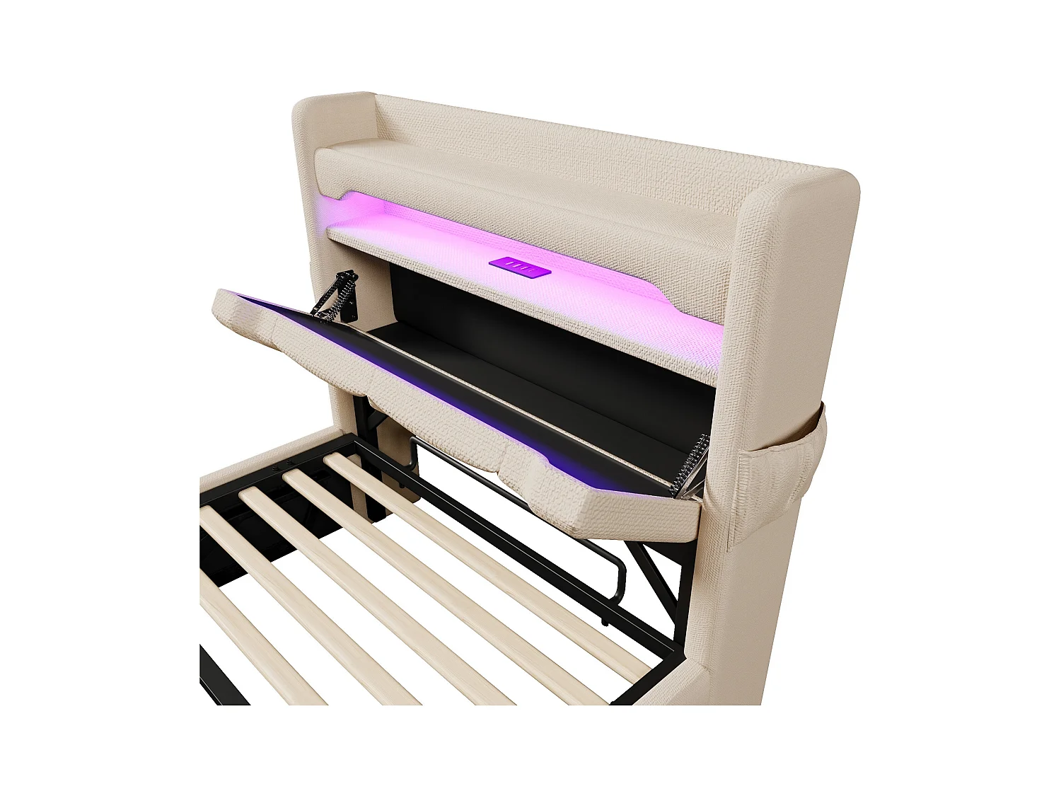 Lit avec rangement 90x200 cm, Lin beige,  Lit simple avec chargement USB et éclairage LED, sans matelas