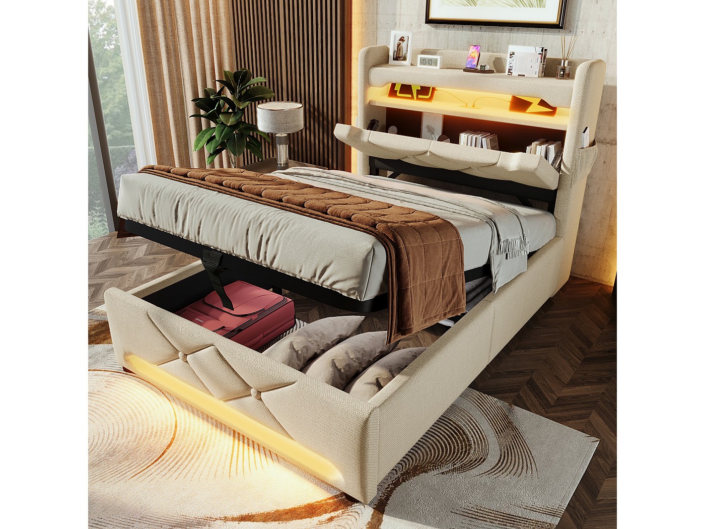 Lit avec rangement 90x200 cm, Lin beige, Lit simple avec chargement USB ...