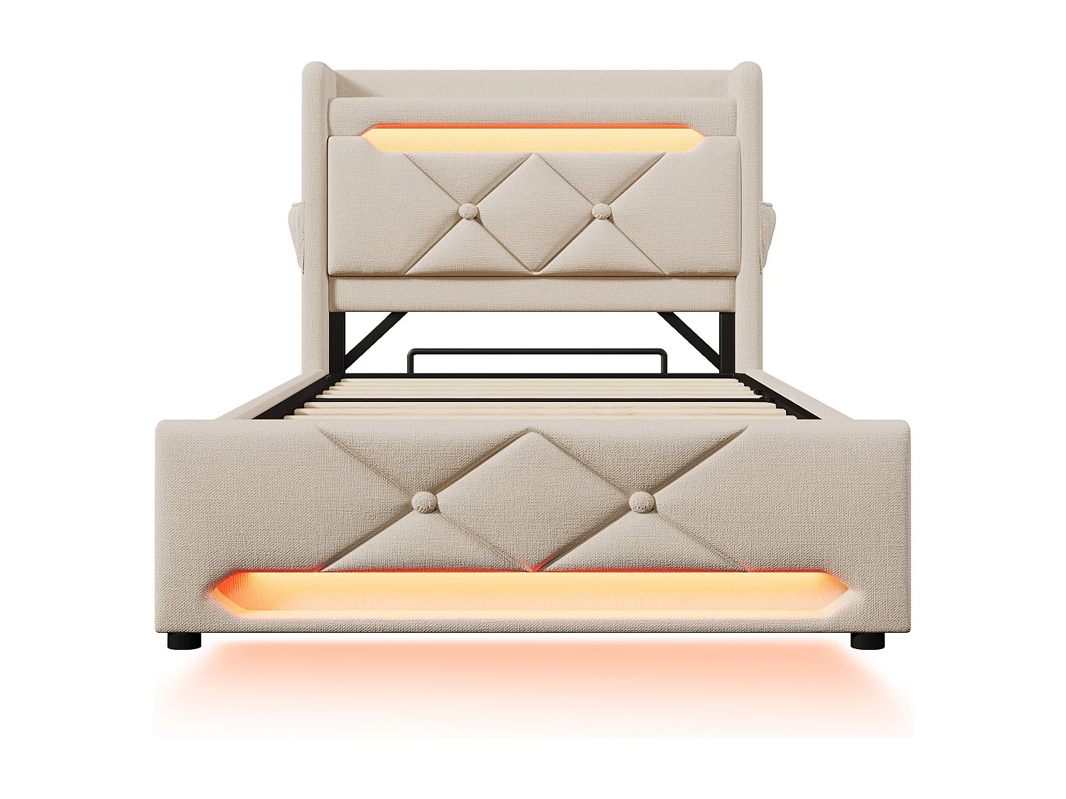 Lit avec rangement 90x200 cm, Lin beige,  Lit simple avec chargement USB et éclairage LED, sans matelas