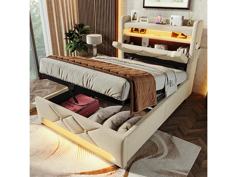 Lit avec rangement 90x200 cm, Lin beige,  Lit simple avec chargement USB et éclairage LED, sans matelas