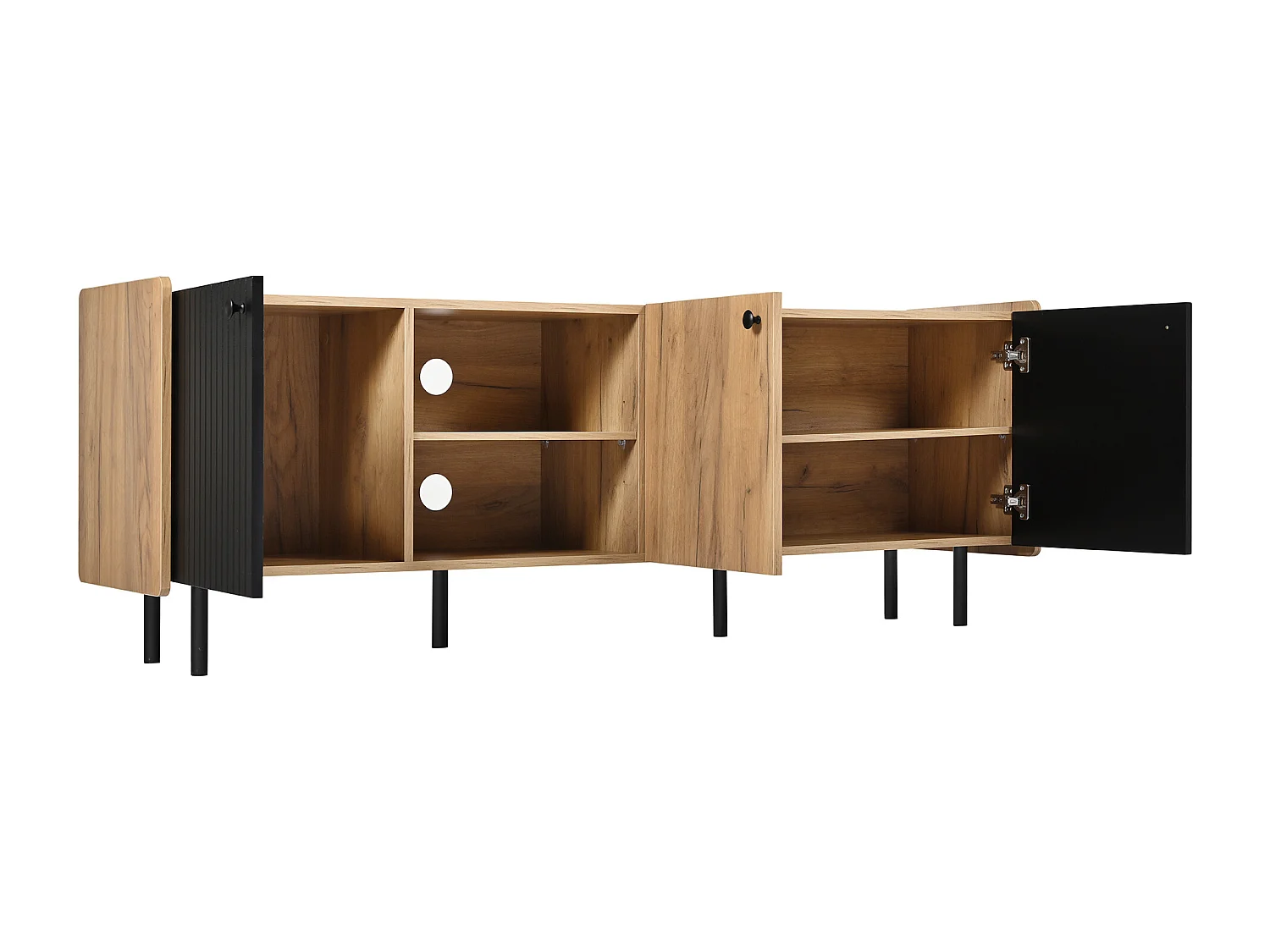 TV-meubel van hout en zwart, 160 cm, 3 deuren en 2 compartimenten, modern design, metalen constructie, voor woonkamer