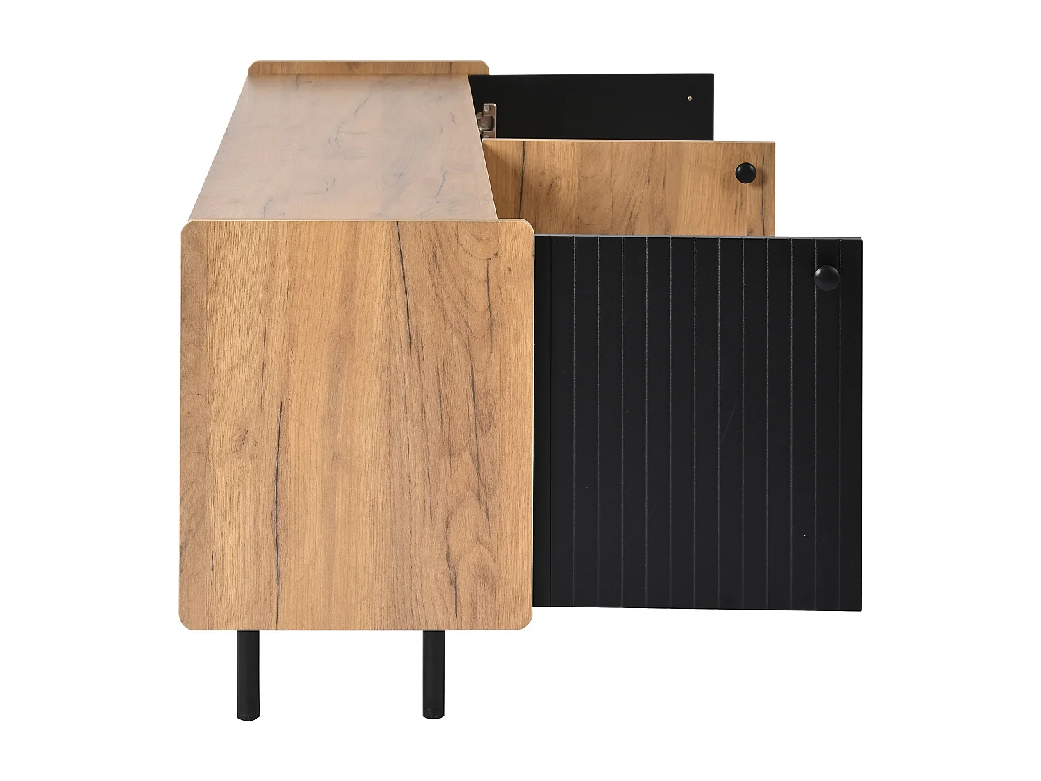 TV-meubel van hout en zwart, 160 cm, 3 deuren en 2 compartimenten, modern design, metalen constructie, voor woonkamer