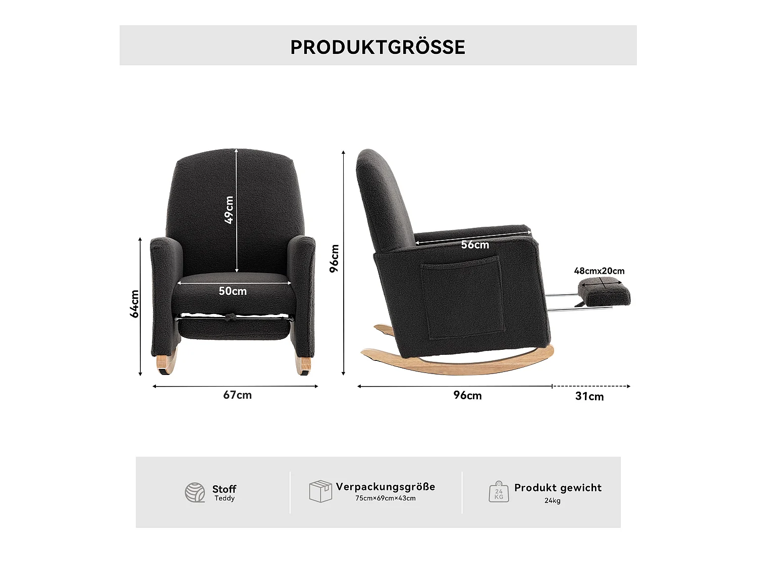 Fauteuil à bascule de salon, peluche gris foncé, fauteuil à bascule avec repose-pieds rétractable, structure en bois