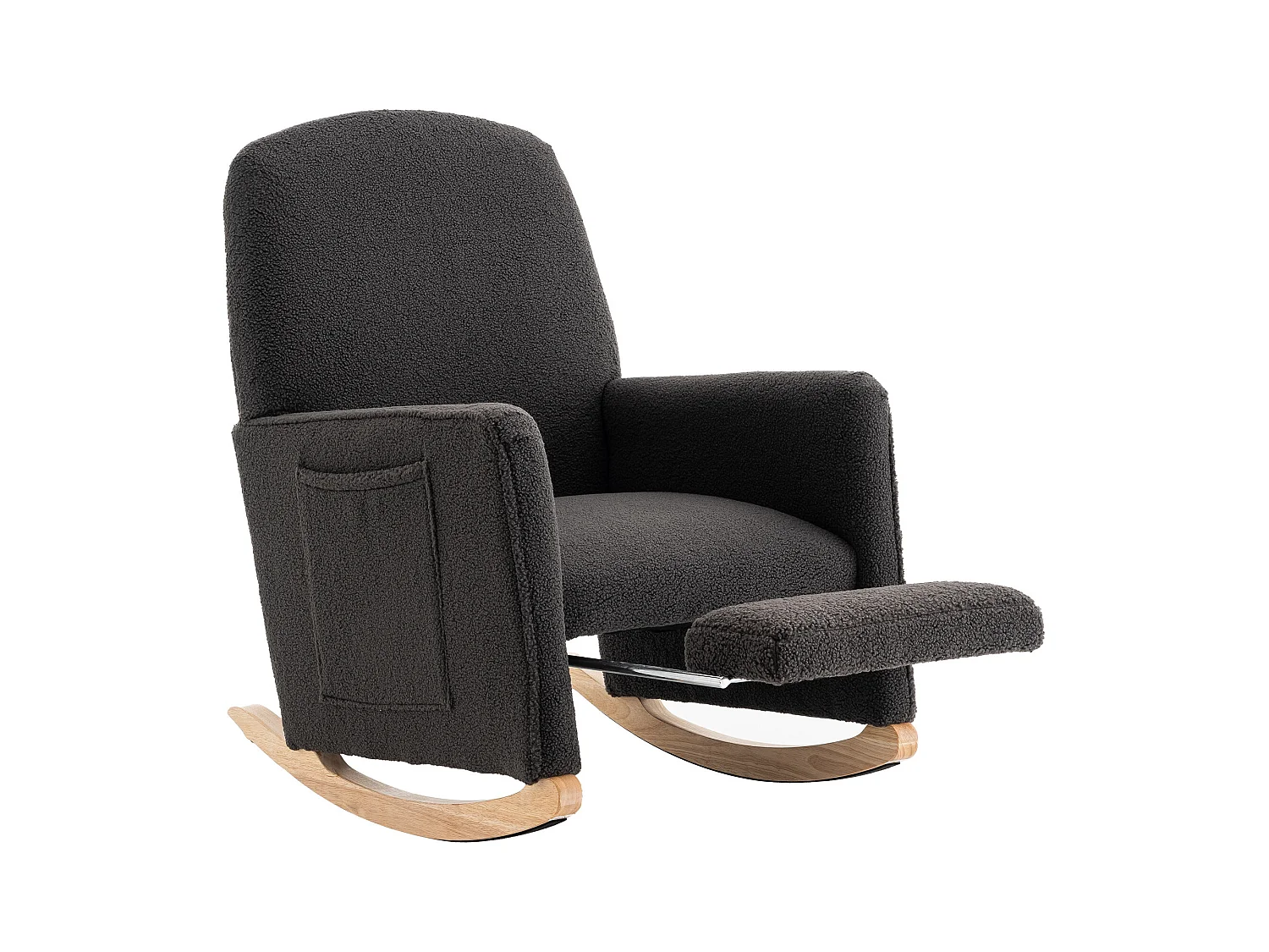 Fauteuil à bascule de salon, peluche gris foncé, fauteuil à bascule avec repose-pieds rétractable, structure en bois