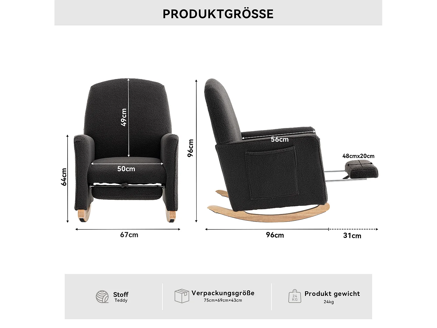 Schommelstoel voor de woonkamer, donkergrijs pluche, schommelstoel met uitschuifbare voetensteun, houten frame