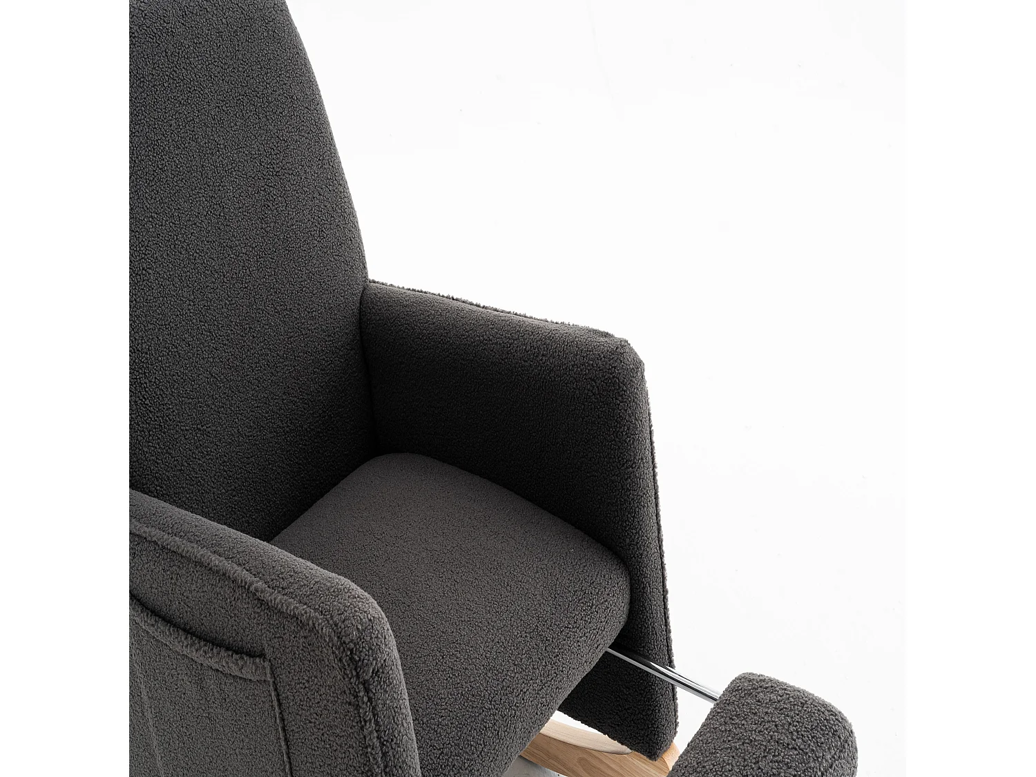 Schommelstoel voor de woonkamer, donkergrijs pluche, schommelstoel met uitschuifbare voetensteun, houten frame