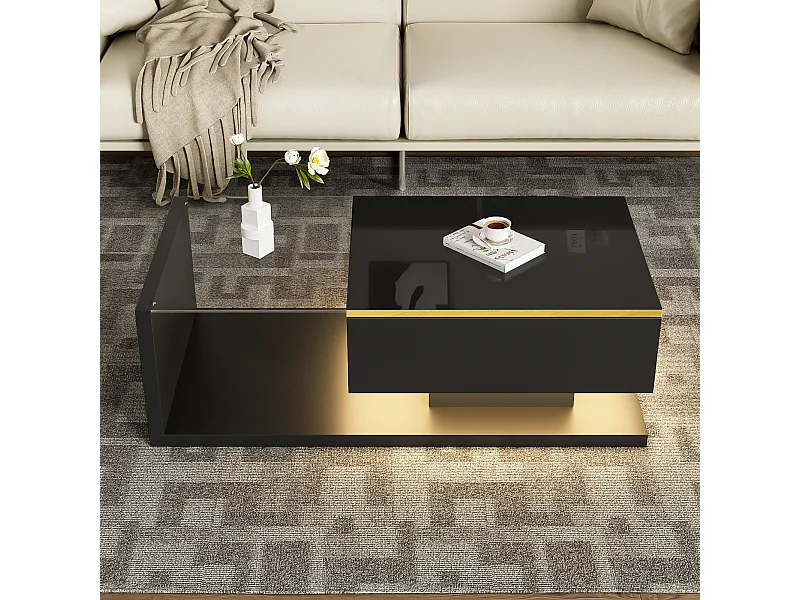 Table basse LED 100 cm, table basse noire avec rangement ouvert, design moderne, éclairage 16 couleurs