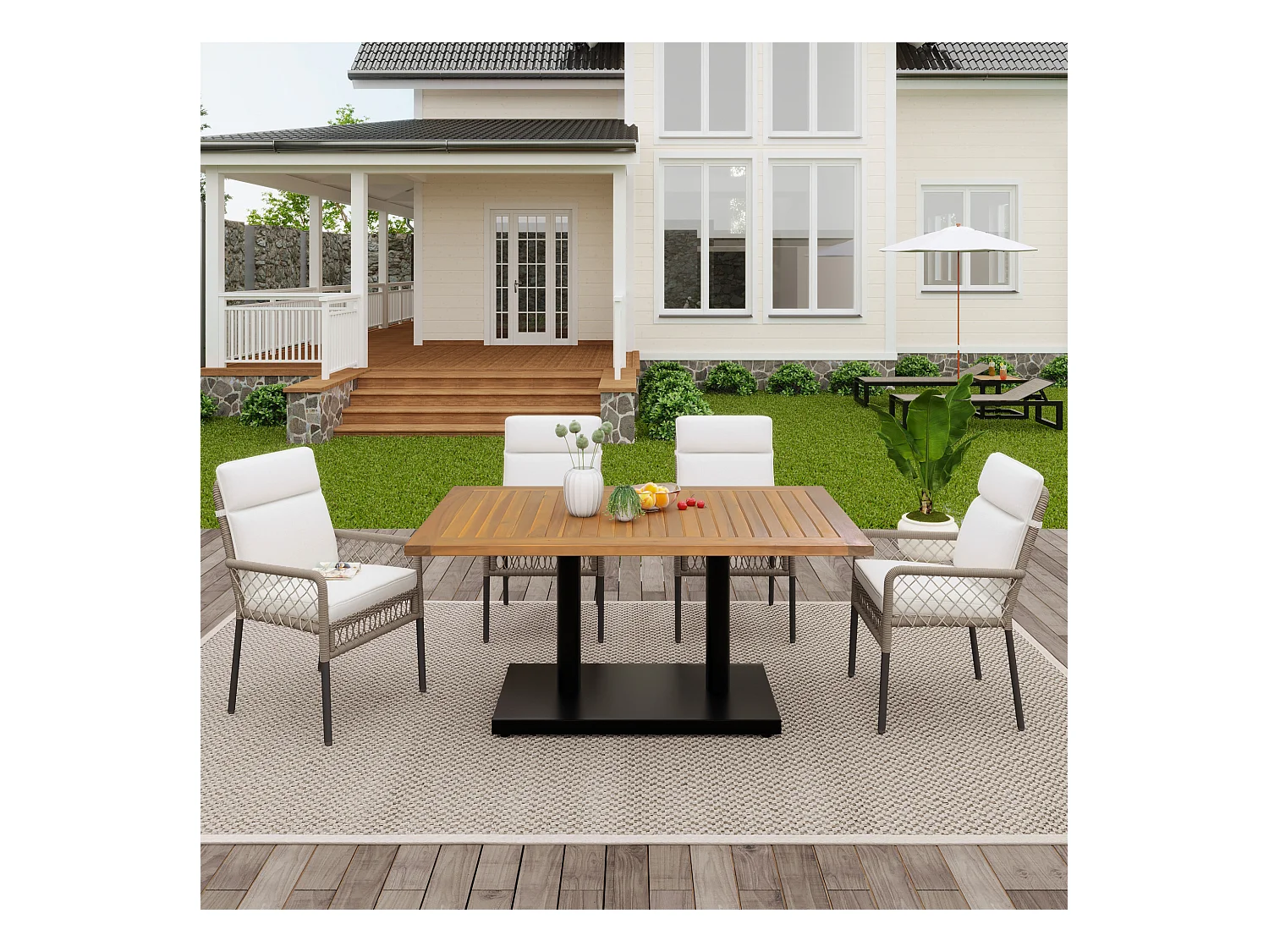 Lot de 5 ensembles de salle à manger, 1 table en bois et 4 chaises en rotin blanc PE, pour jardin et cour