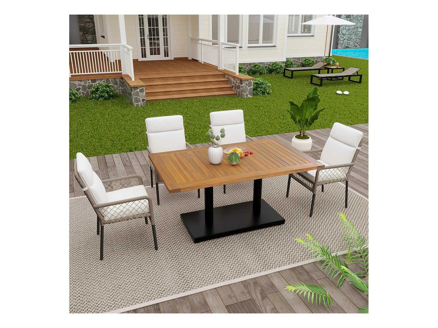 Lot de 5 ensembles de salle à manger, 1 table en bois et 4 chaises en rotin blanc PE, pour jardin et cour