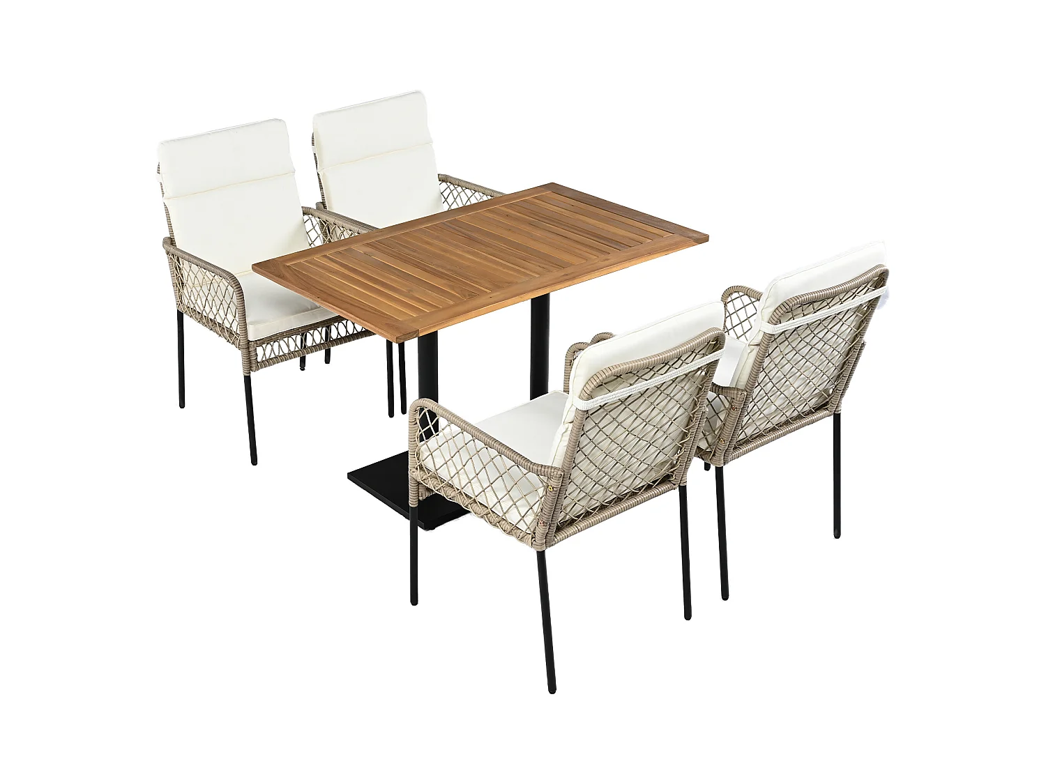 Lot de 5 ensembles de salle à manger, 1 table en bois et 4 chaises en rotin blanc PE, pour jardin et cour