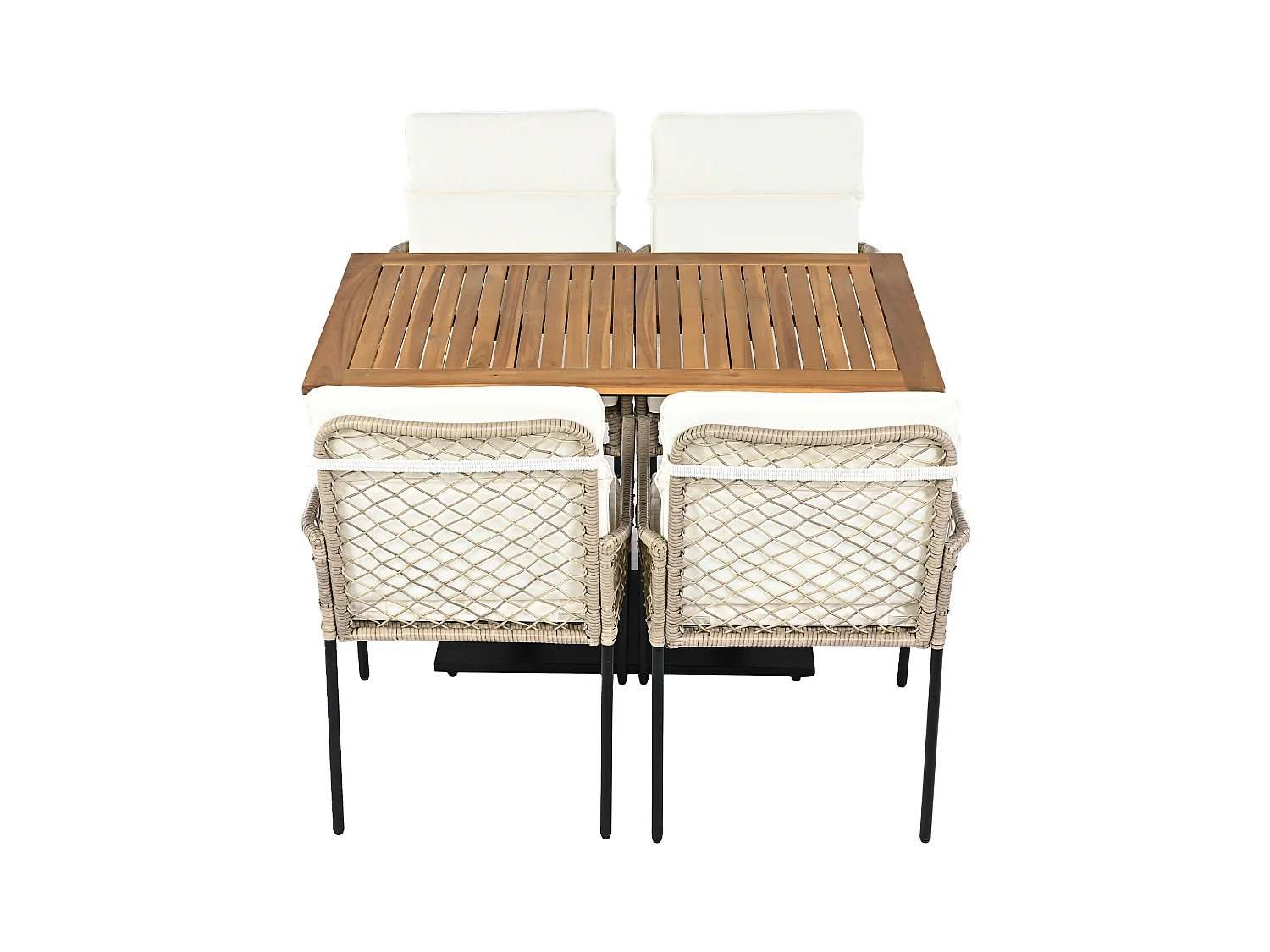 Lot de 5 ensembles de salle à manger, 1 table en bois et 4 chaises en rotin blanc PE, pour jardin et cour