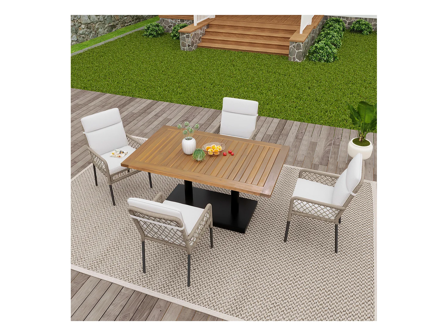 Lot de 5 ensembles de salle à manger, 1 table en bois et 4 chaises en rotin blanc PE, pour jardin et cour