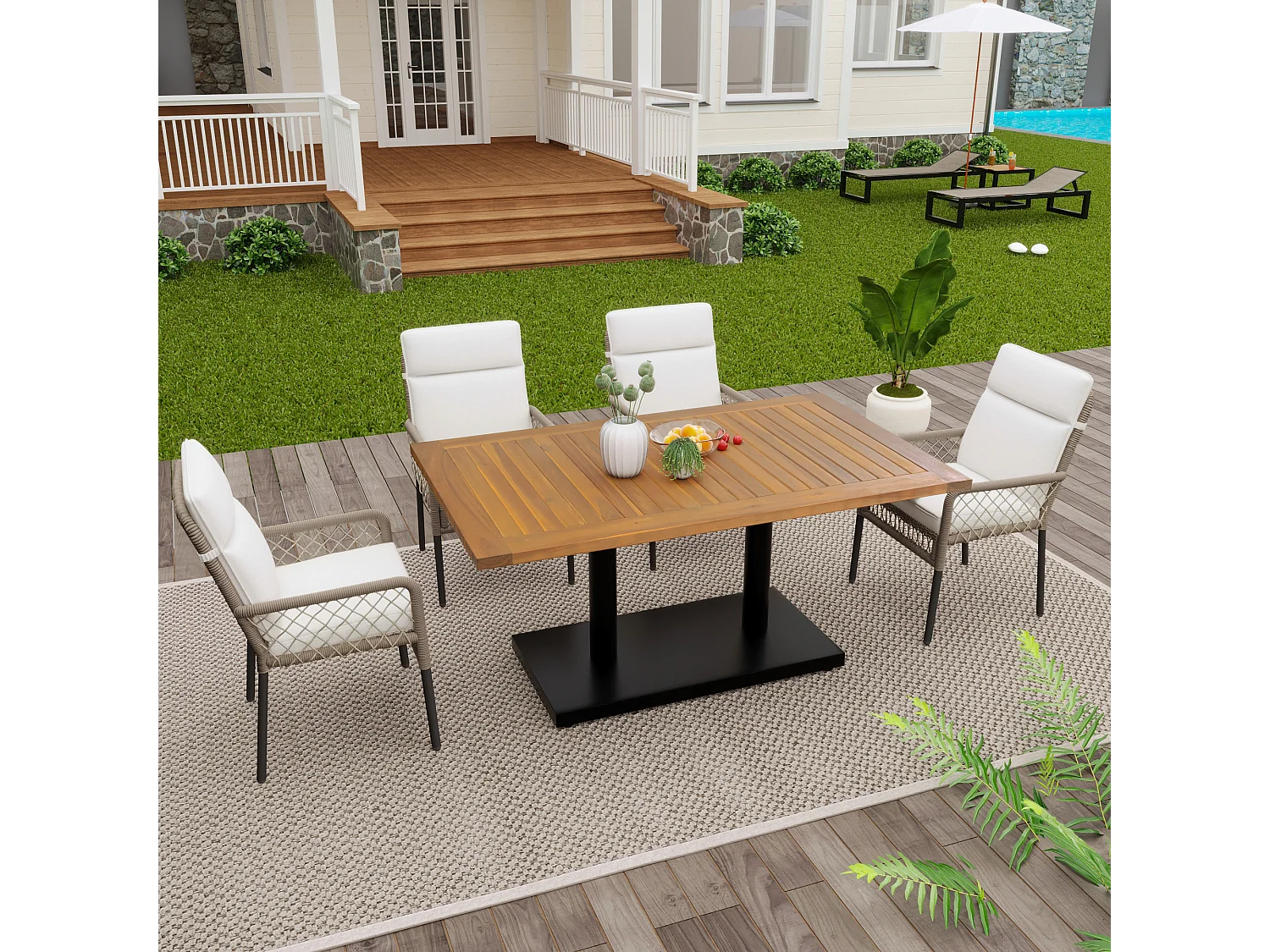 Conjunto de 5 juegos de comedor, 1 mesa de madera y 4 sillas blancas de ratán sintético, para jardín y patio