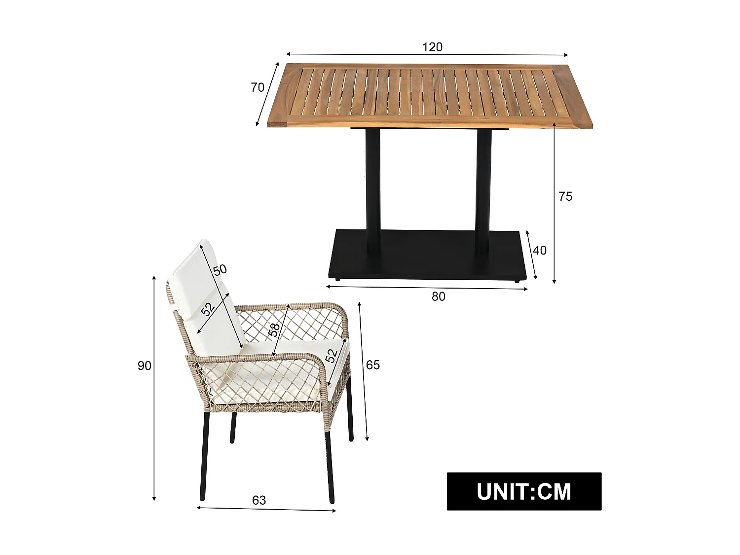 Conjunto de 5 juegos de comedor, 1 mesa de madera y 4 sillas blancas de ratán sintético, para jardín y patio