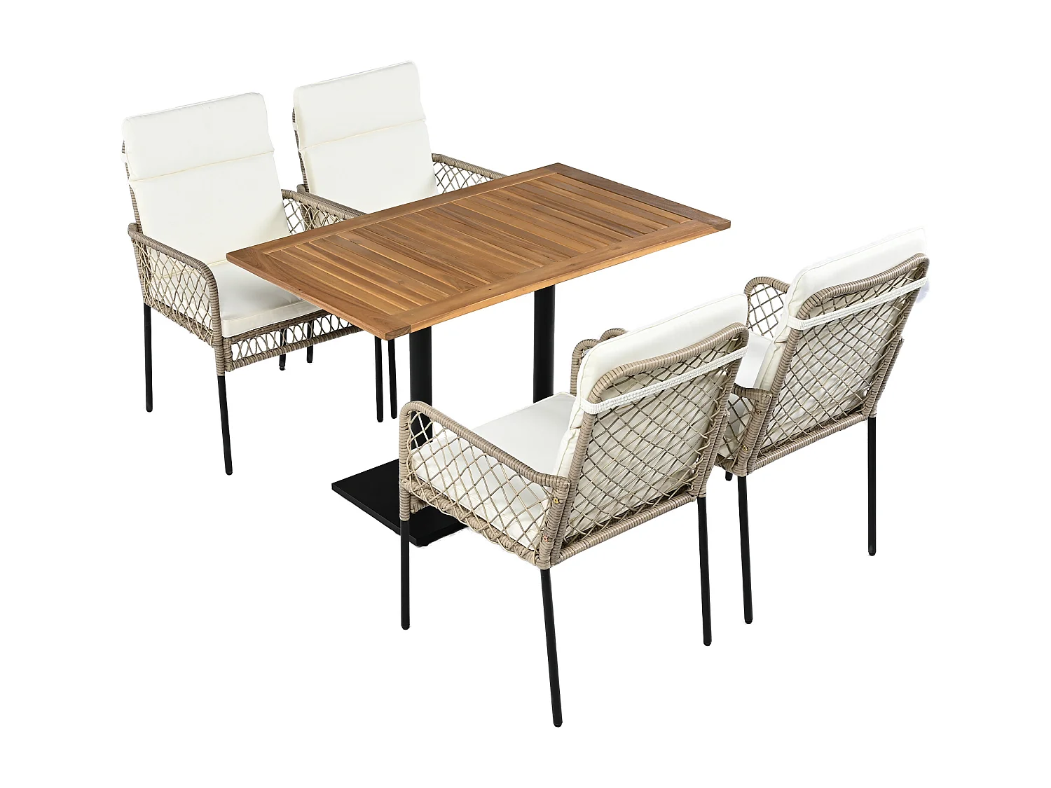 Conjunto de 5 juegos de comedor, 1 mesa de madera y 4 sillas blancas de ratán sintético, para jardín y patio