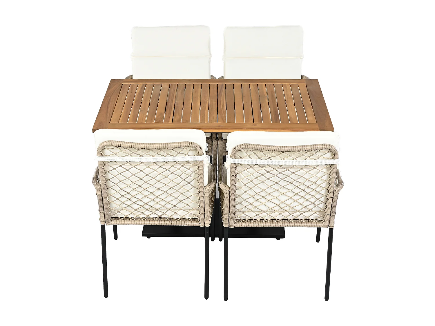 Conjunto de 5 juegos de comedor, 1 mesa de madera y 4 sillas blancas de ratán sintético, para jardín y patio