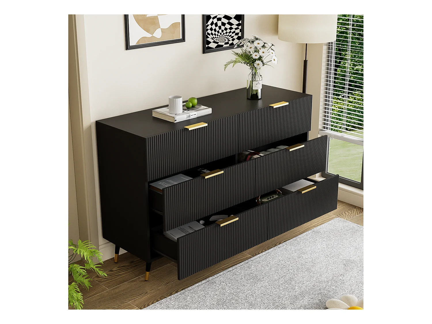 Zwart dressoir, elegant dressoir met 6 opberglades, gouden handgrepen, voor woonkamer en slaapkamer