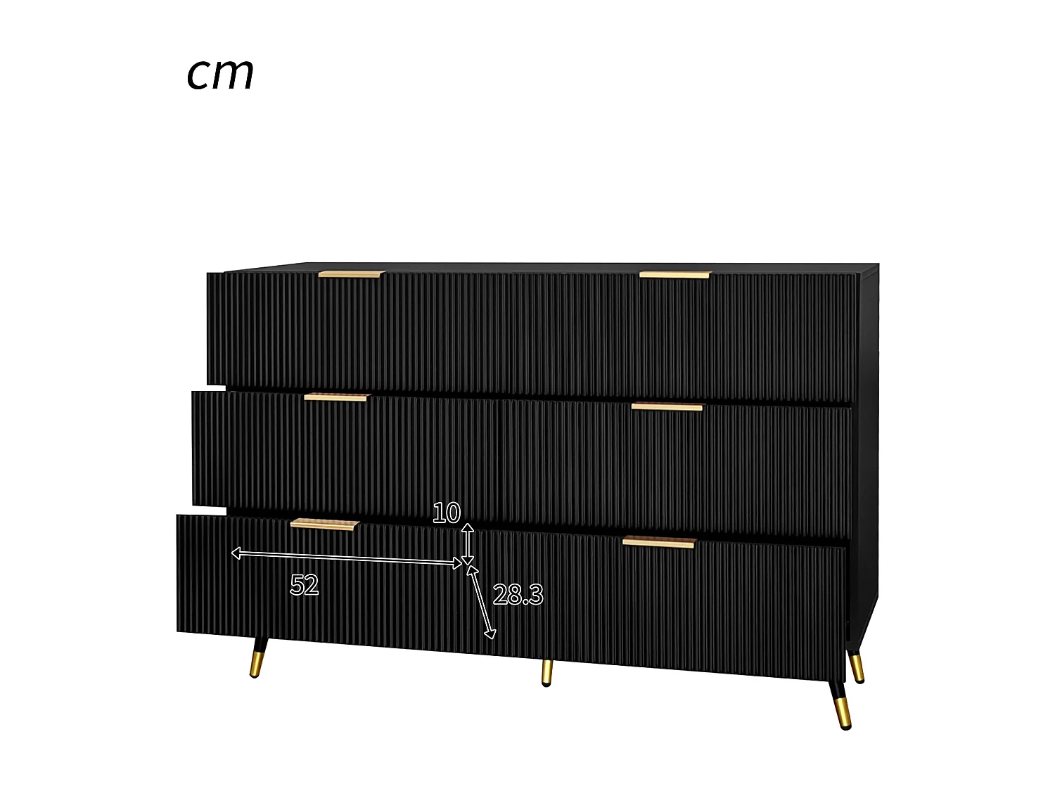 Buffet noir, Buffet élégant avec 6 tiroirs de rangement, poignées dorées, pour salon et chambre