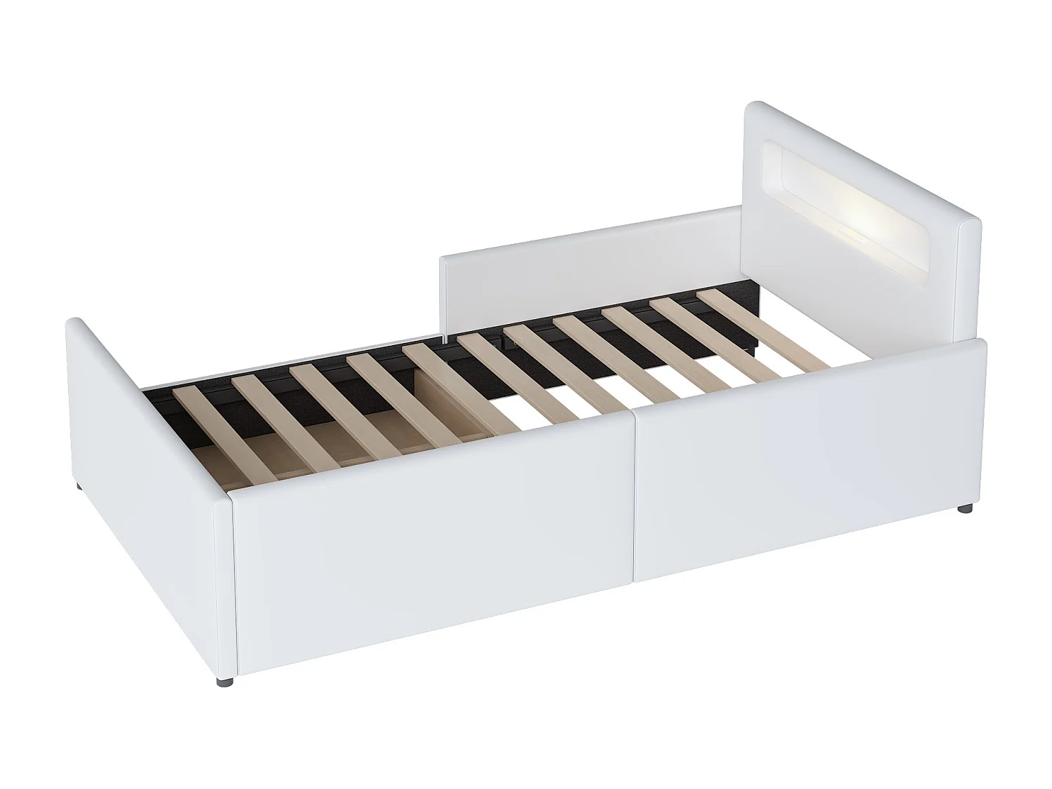 Lit enfant 90x200cm avec liseuse et port USB, tiroir de rangement, bords de sécurité, Similicuir blanc, sans matelas