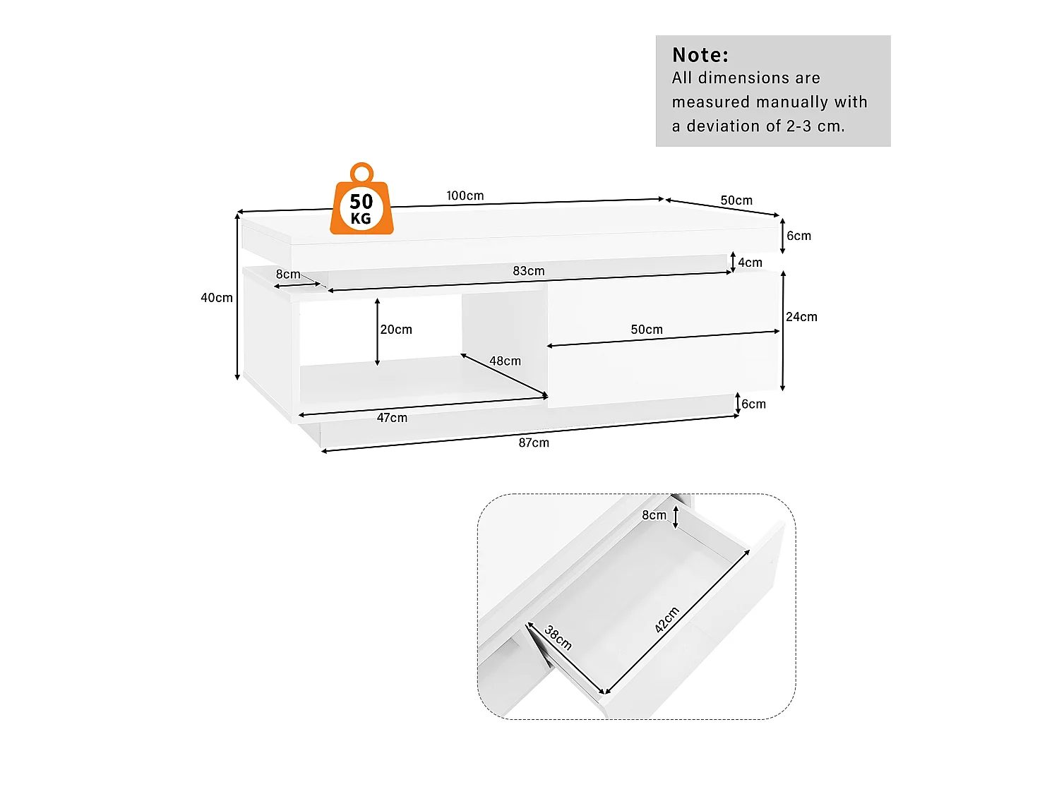 Biały stolik kawowy z oświetleniem LED, 1 szuflada i otwarta przegroda do przechowywania, do salonu i biura