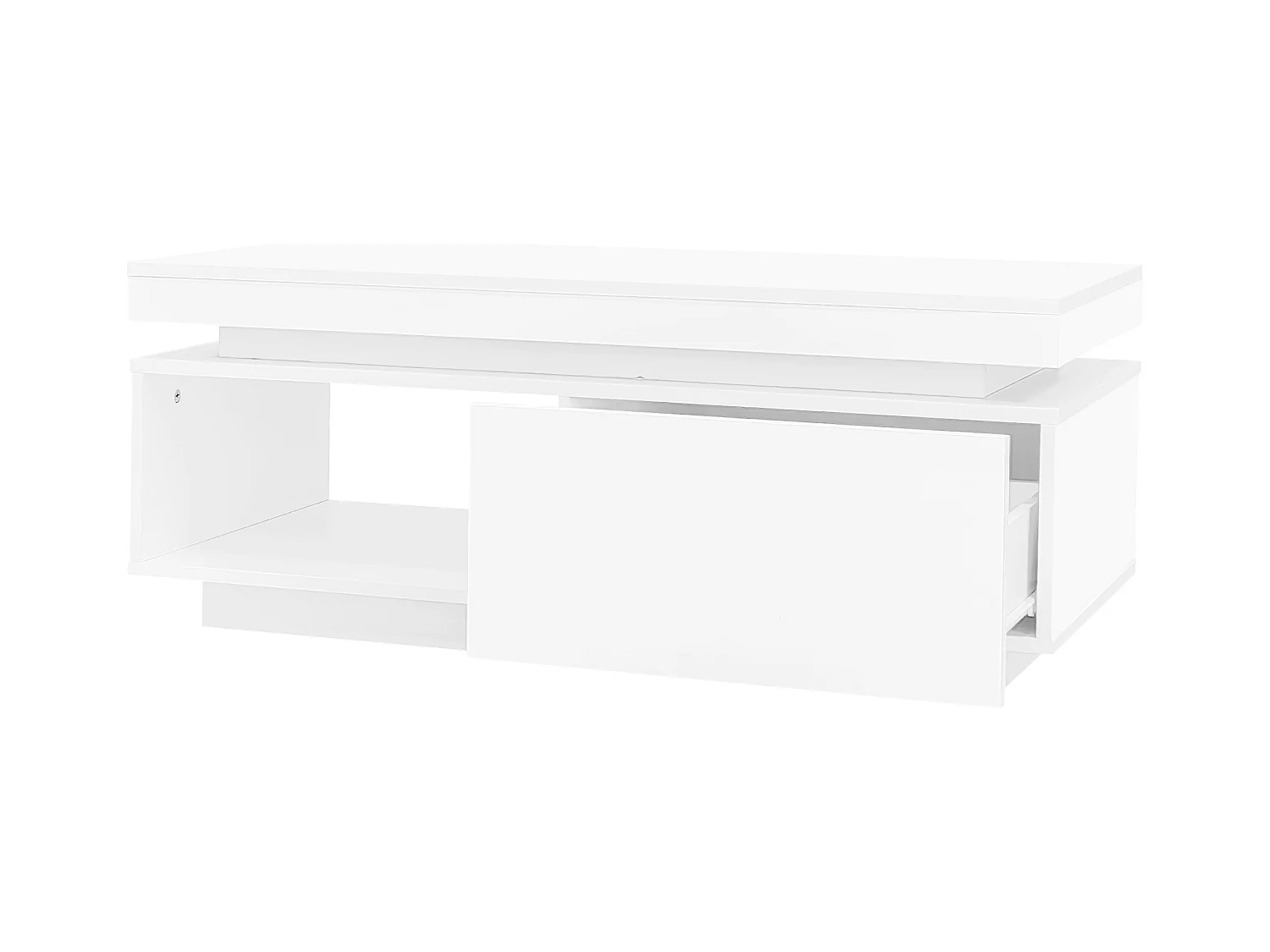 Biały stolik kawowy z oświetleniem LED, 1 szuflada i otwarta przegroda do przechowywania, do salonu i biura