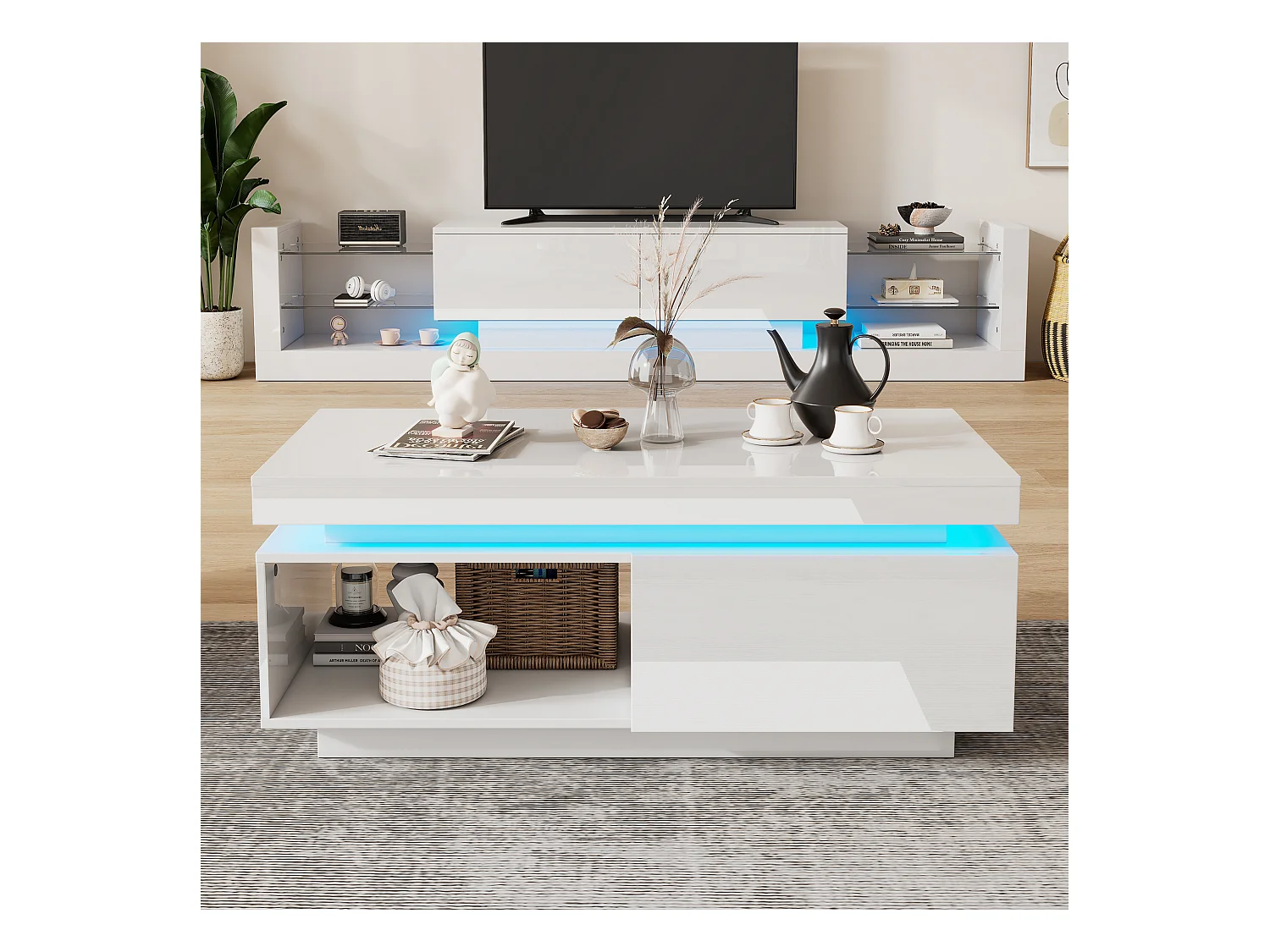 Table basse blanche avec LED, 1 tiroir et compartiment de rangement ouvert, pour salon et bureau