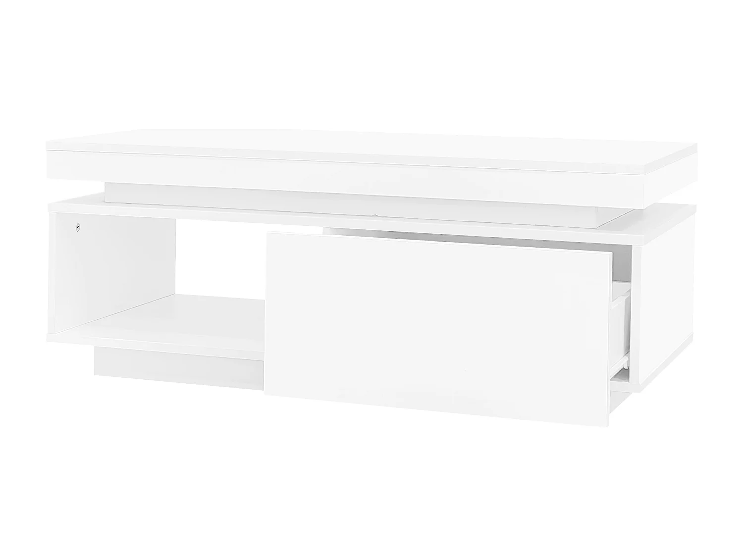 Weißer Couchtisch mit LED-Beleuchtung, 1 Schublade und offenem Fach – für Wohnzimmer und Büro