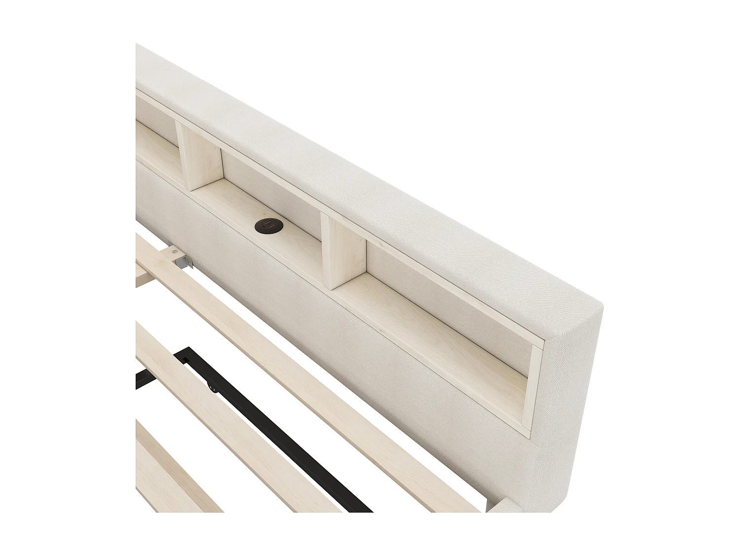 Lit gigogne 140x200 cm, lin beige, Lit banquette avec ports USB et LED, sans matelas