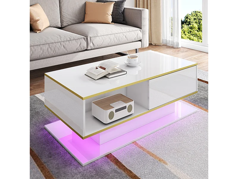 Table basse blanche avec LED, finition dorée, 3 tiroirs de rangement, pour salon et bureau
