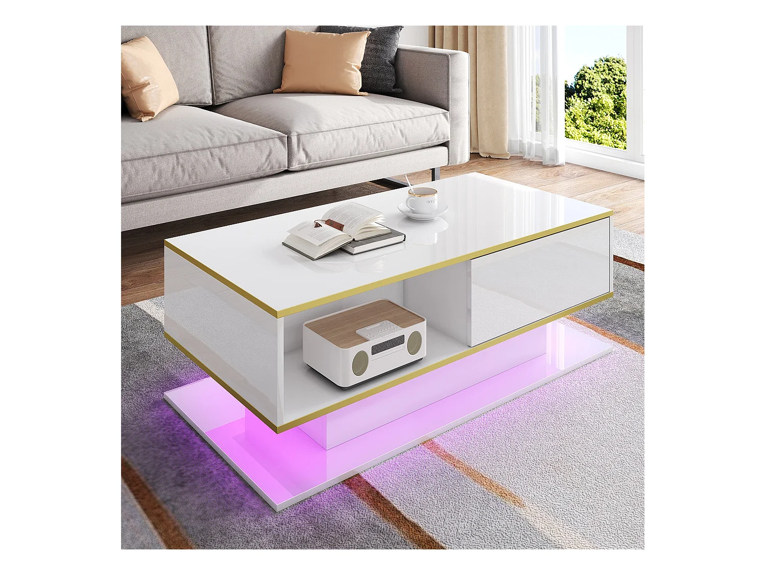 Table basse blanche avec LED, finition dorée, 3 tiroirs de rangement, pour salon et bureau