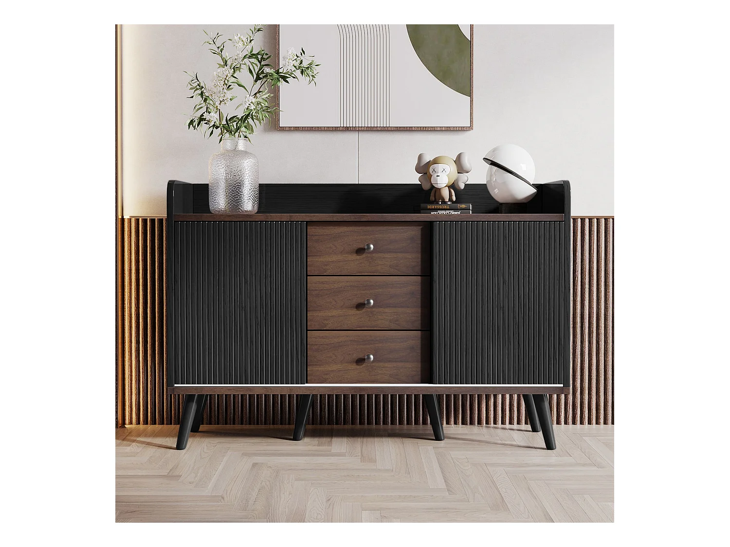 Credenza nera e color legno, con 3 cassetti e 2 ante, maniglie in metallo, per camera da letto e soggiorno