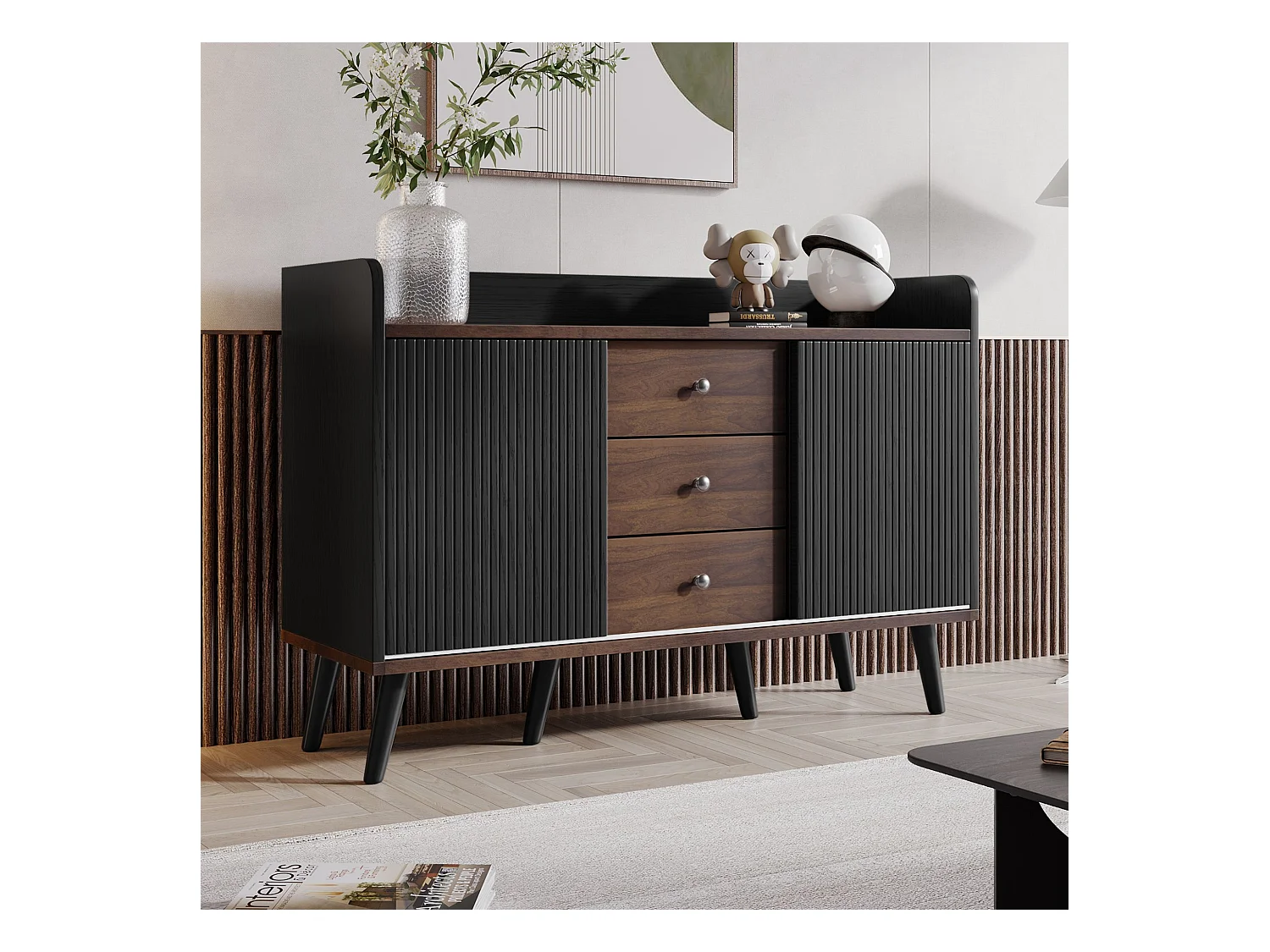 Credenza nera e color legno, con 3 cassetti e 2 ante, maniglie in metallo, per camera da letto e soggiorno