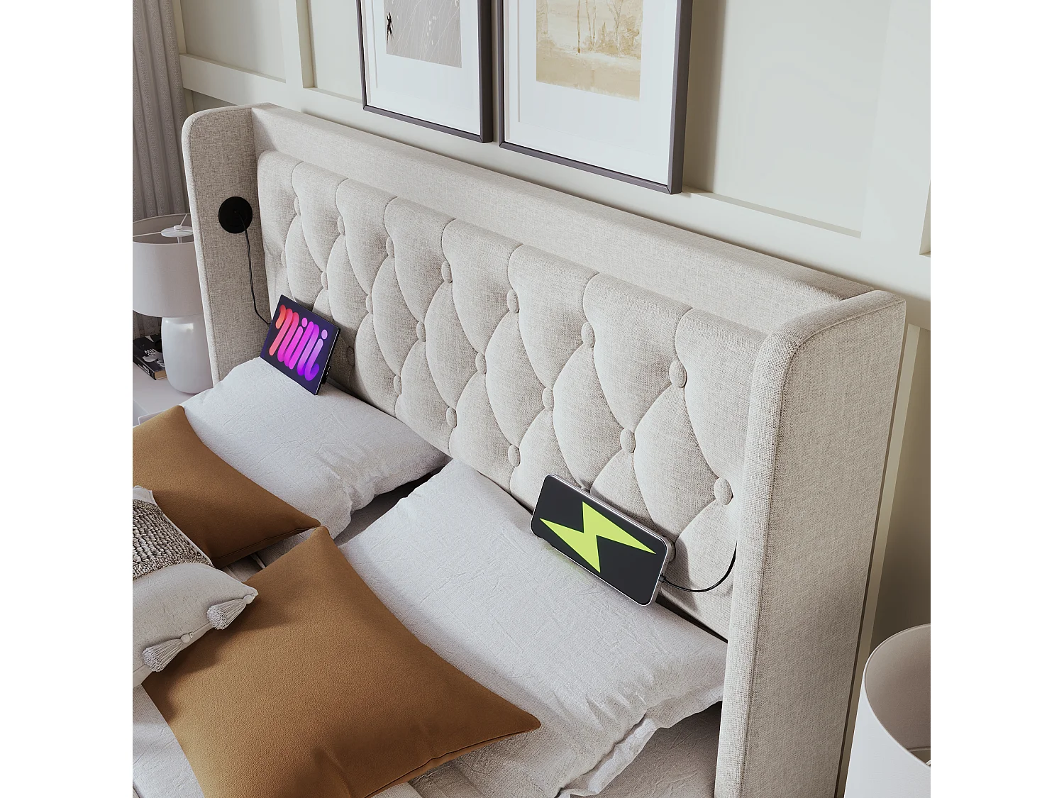 Lit coffre 140x200 cm, coton beige, Lit adulte avec chargeur USB et LED, sans matelas