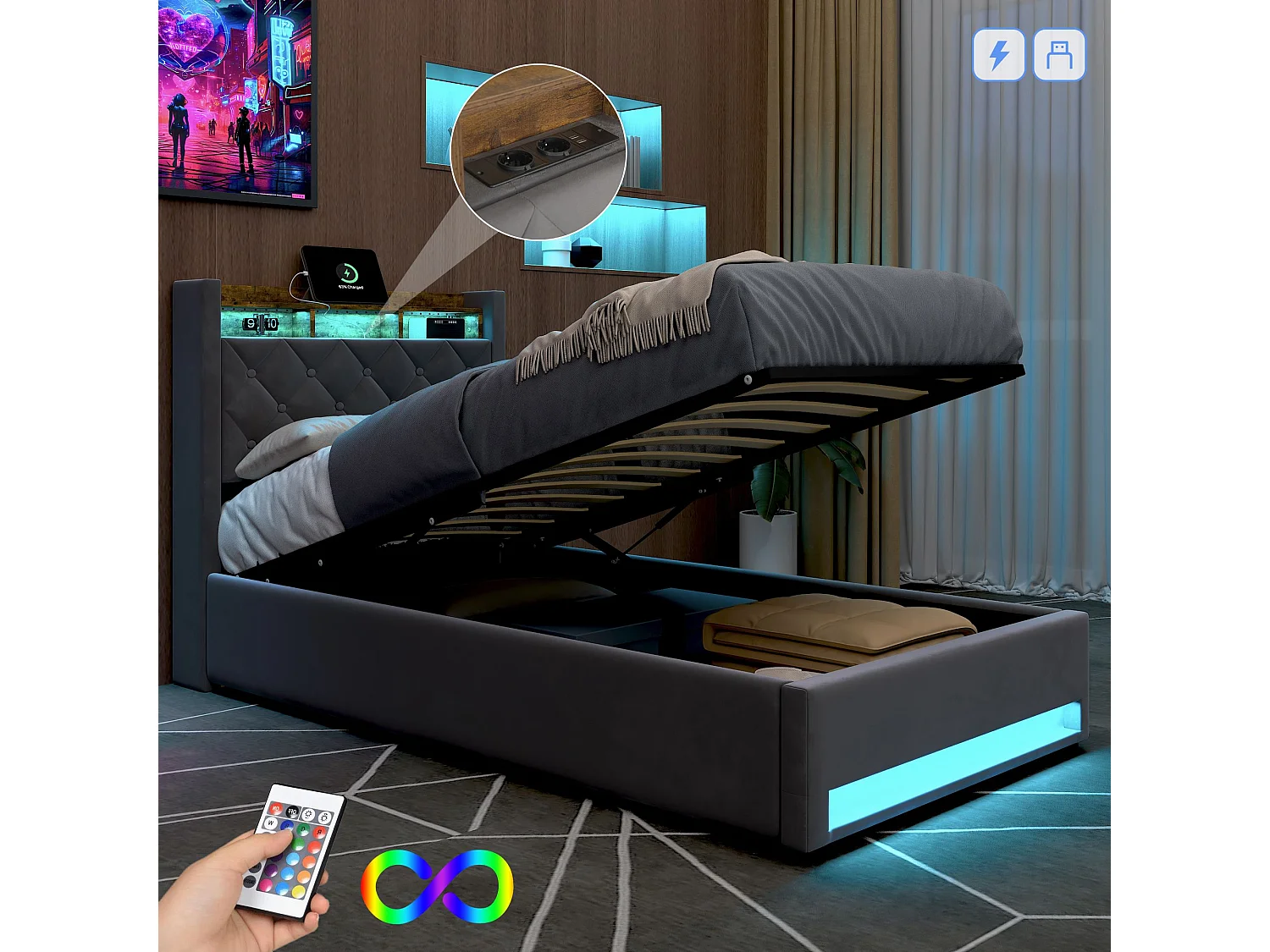 Lit coffre 90x200 cm, velours gris, Lit adulte avec bande lumineuse LED et port de charge USB, sans matelas