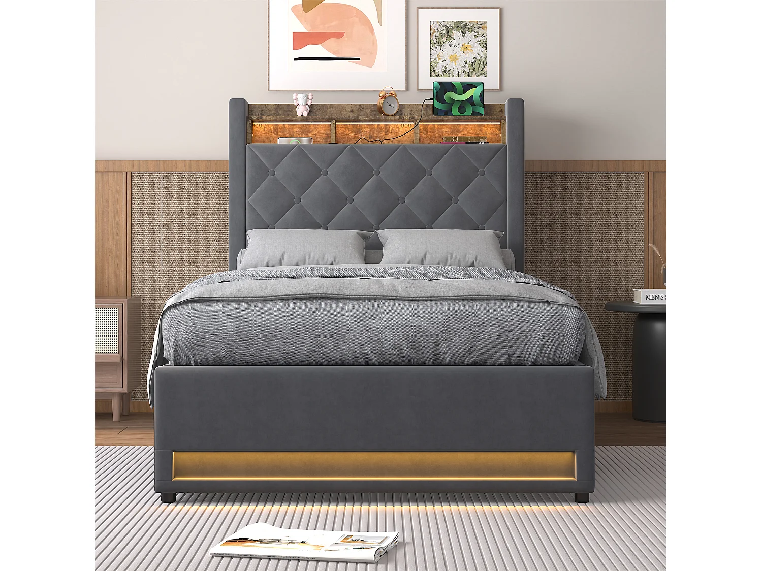 Lit coffre 90x200 cm, velours gris, Lit adulte avec bande lumineuse LED et port de charge USB, sans matelas