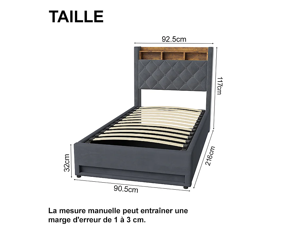 Lit coffre 90x200 cm, velours gris, Lit adulte avec bande lumineuse LED et port de charge USB, sans matelas