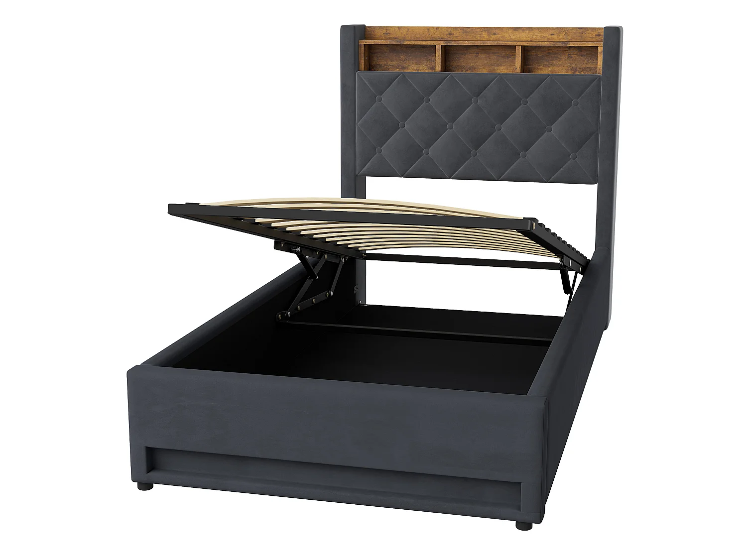 Lit coffre 90x200 cm, velours gris, Lit adulte avec bande lumineuse LED et port de charge USB, sans matelas