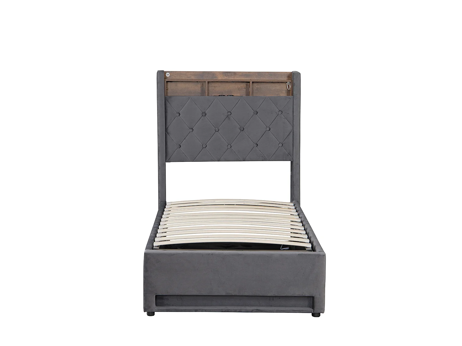 Lit coffre 90x200 cm, velours gris, Lit adulte avec bande lumineuse LED et port de charge USB, sans matelas